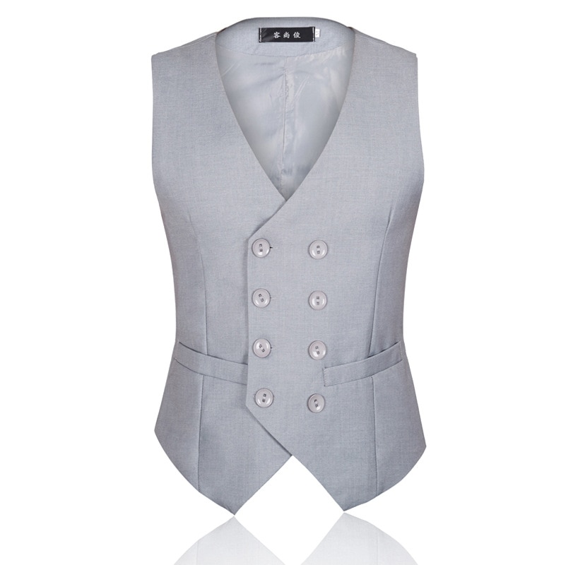 Mens British Dress Vests Men Slim Fit Wedding Suit Vest Male Business Formal Sleeve Jacket Double Breasted Waistcoat 4XL 5XL 6XL: Light Grey / XXXL