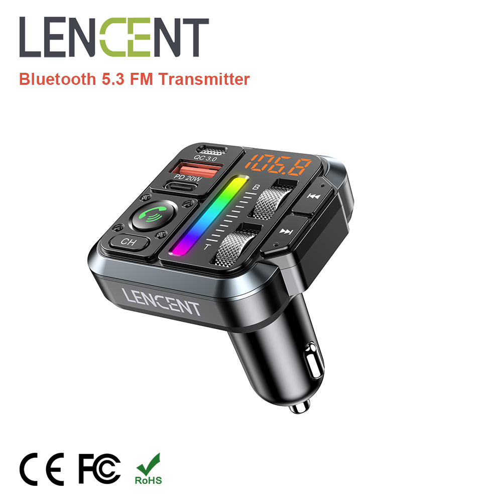 LENCENT Bluetooth 5.3 FM-zender Bluetooth-autoadapter met PD 20W en QC3.0 snellader Hi-Fi muziek handsfree kitadapter