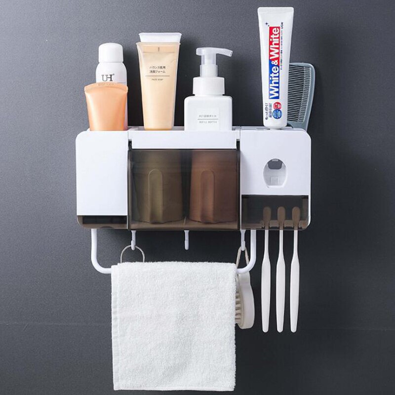 1 sæt automatisk tandpasta dispenser håndklædeholder tandbørstehylde med krog vægmonteret tandpasta presmaskine tilbehør til badeværelset: H213a