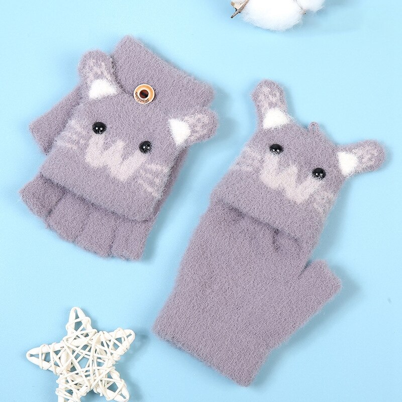 Nette Karikatur Baby Handschuhe freundlicher Winter Gestrickte Fäustlinge Handschuhe Dicke Warme Halb Finger Handschuhe freundlicher Fingerlose Handschuhe für Mädchen: grau
