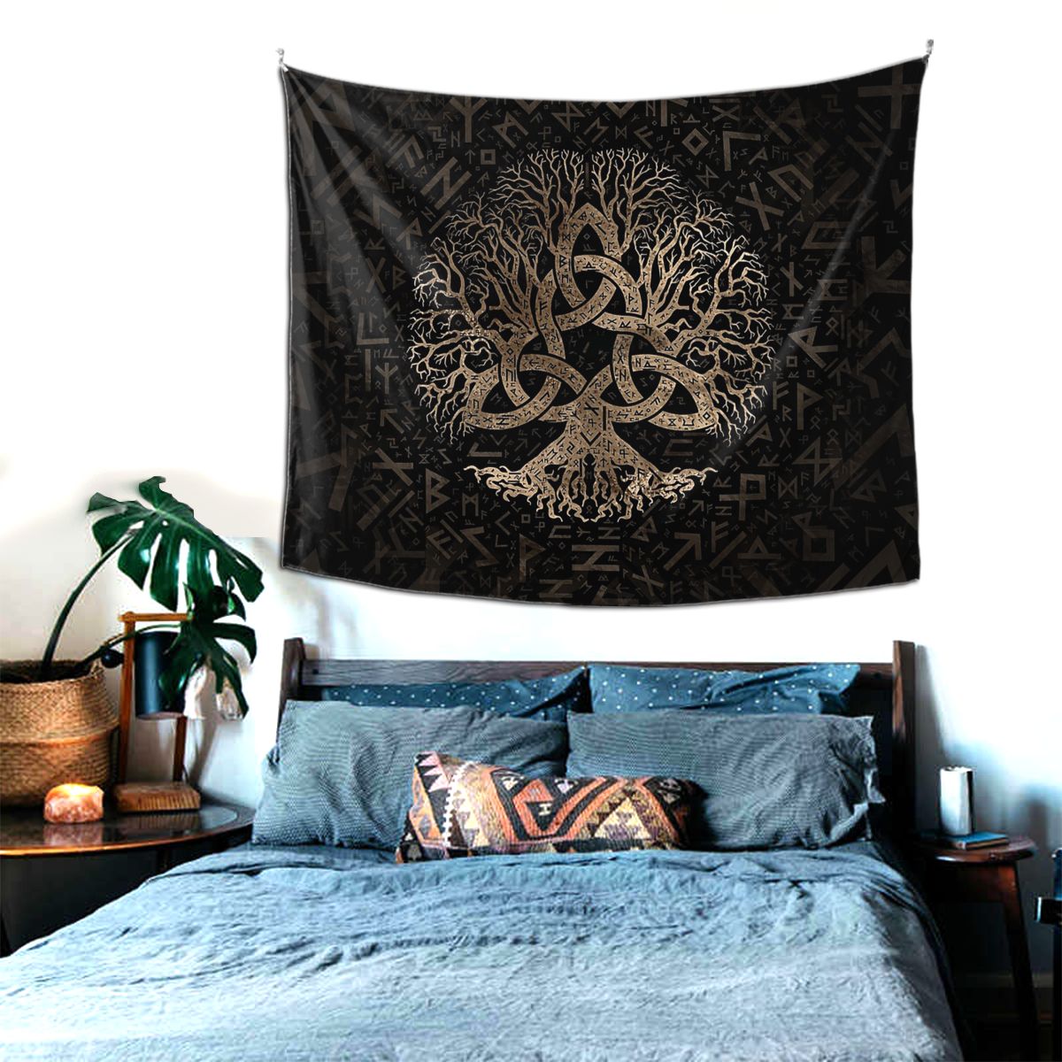 Tree Of Life With Triquetra On Futhark Viking Tapestry Wall Hanging Table Cloth Vikings Valhalla Wall Cloth Polyester Beach Mat