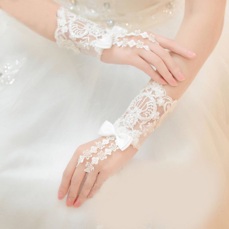 Guantes de boda cortos de encaje Floral bordado, lazo de satén con cuentas, para novia