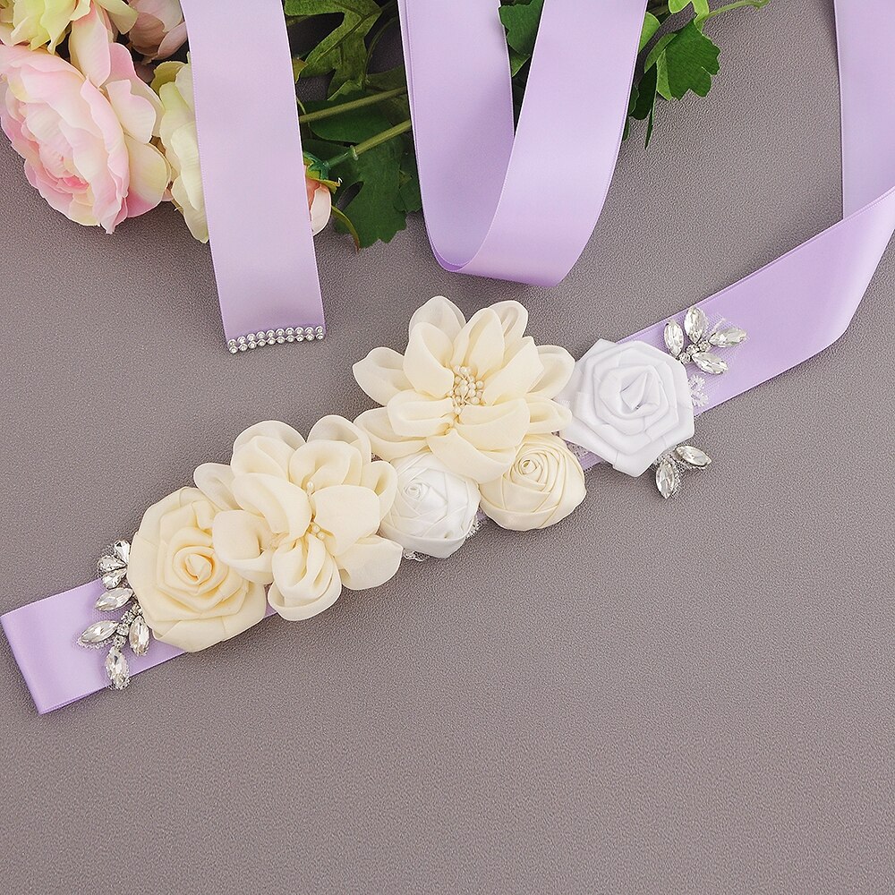 YouLaPan – ceinture de mariée en dentelle S320, faite à la main, avec des appliques de perles, des fleurs scintillantes, à la: Lavender ribbon