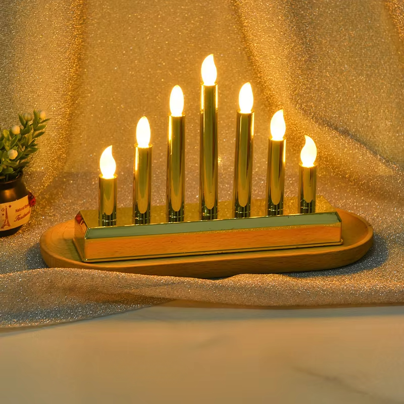 Electric wood Menorah, LED Candlestick 7 branchs, Jewish Sabbath Hanukkah Table Decoration: Blue