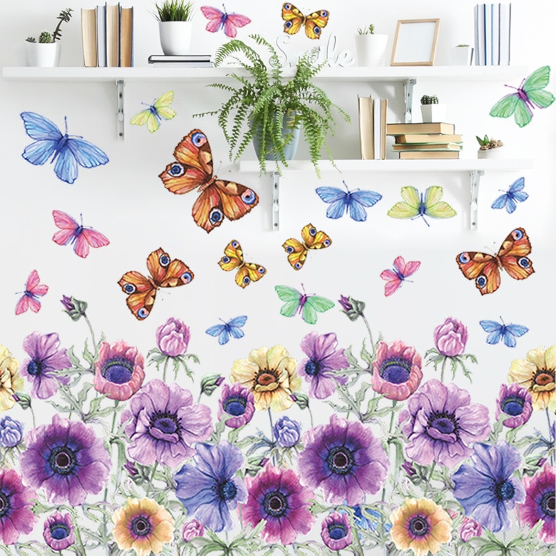 Purple Daisy Flower Butterfly Wall Stickers Bedroom Living Room Dining Room Home Wall Decor Wallpaper Purple Flower Wall Sticker