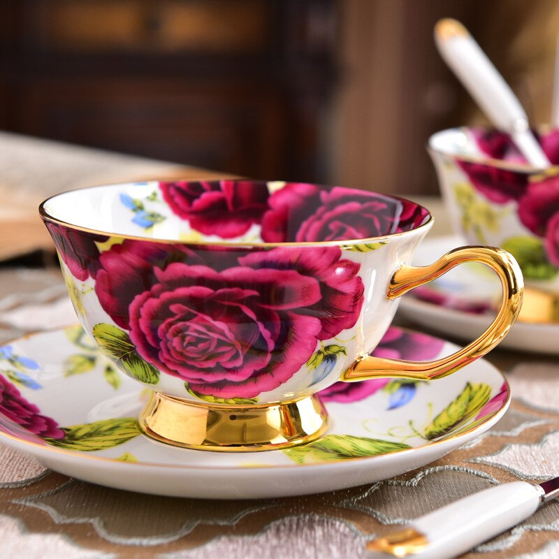 GLLead-tazas de café de cerámica con de flor rosa, juego de Taza de té y platillo de porcelana China, taza de porcelana de europea, bonito
