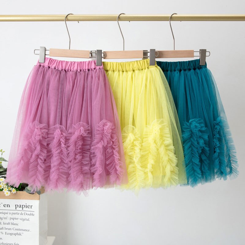 Girls Skirts Summer Gauze Tutu Skirt For Kids 3-12years Teenager Tulle Skirt Rainbow Yellow Long School Clothing