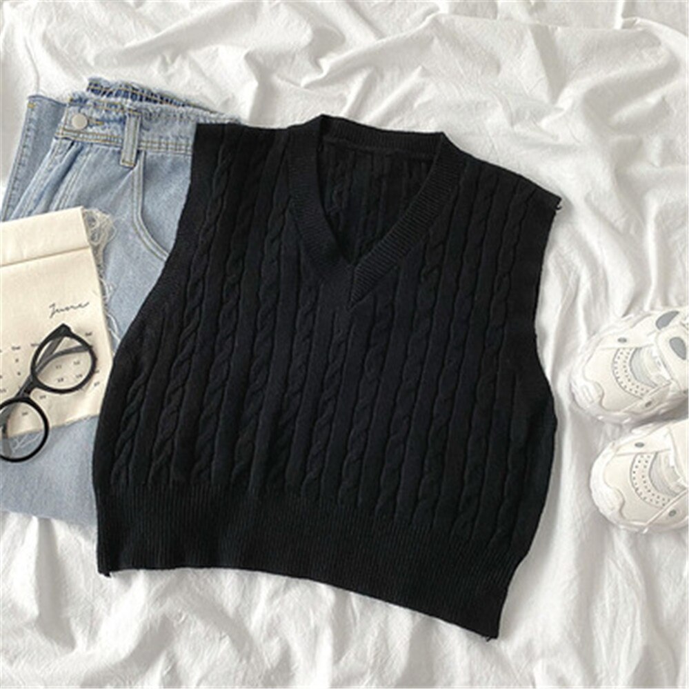 Knitted Vests Women V-neck Short Style Solid Basic Outwear Casual Colorful Waistcoats Womens Sleeveless Wool All-match: Black