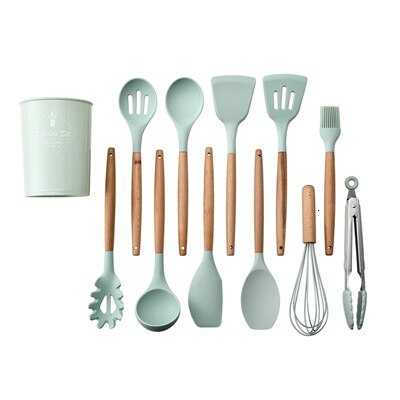 12pcs Kitchen Utensil Set Silicone Cooking Tools Set Household Wooden Koken Gereedschap Met Opbergdoos Turner Cooking Tool Sets: Default Title