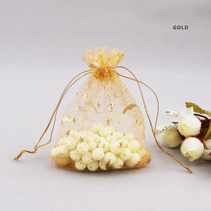30pcs/lot Moon Star Organza Bags 9*12cm Small Christmas Drawstring Bag Charm Jewelry Packaging Bags & Pouches Candy bag: Gold