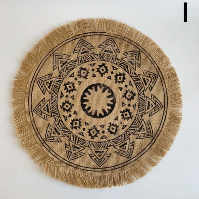 Prachtige Geweven Jute Katoen Tafel Mat Bohemian Stijl Afdrukken Placemat Ronde Voedsel Pad Dining Servies Coaster Keuken Decor: I