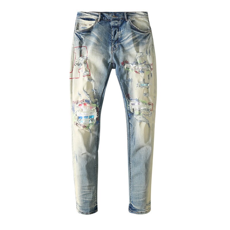 Pantalones vaqueros desgastados con agujeros para hombre, apliques para ropa, letterA, destrucción de pies pequeños, elásticos, high street,: 31