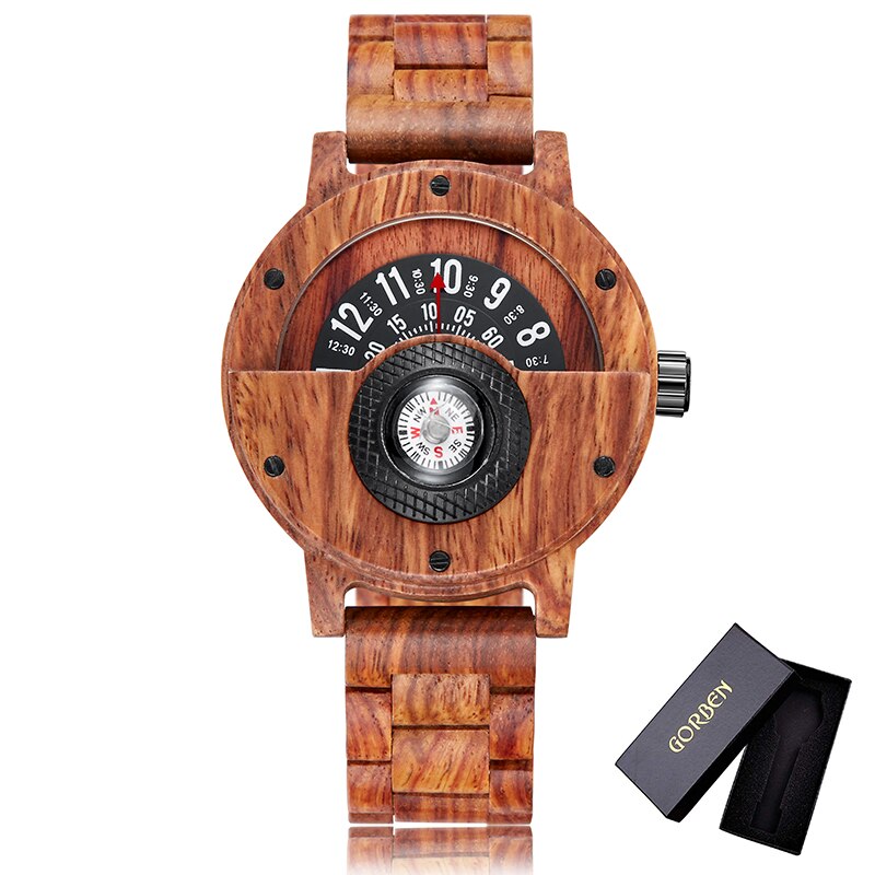 Creatieve Kompas Draaitafel Nummer Houten Horloge Mannen Volledige Hout Band Vintage Natuurlijke Hout Horloges Relogio relojes de madera