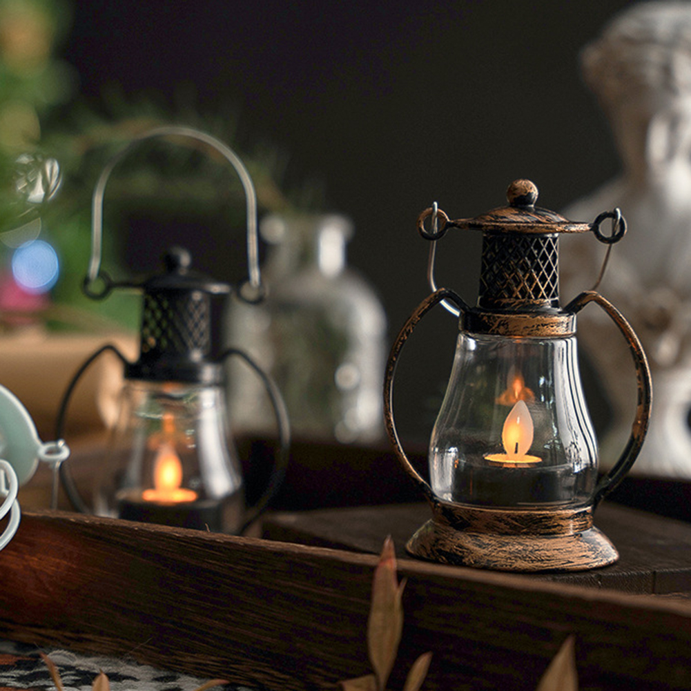 Vintage metall flammelykt hengende lykt utendørs belysningslampe med knappbatteri campinglys retro led stearinlys flammelamper