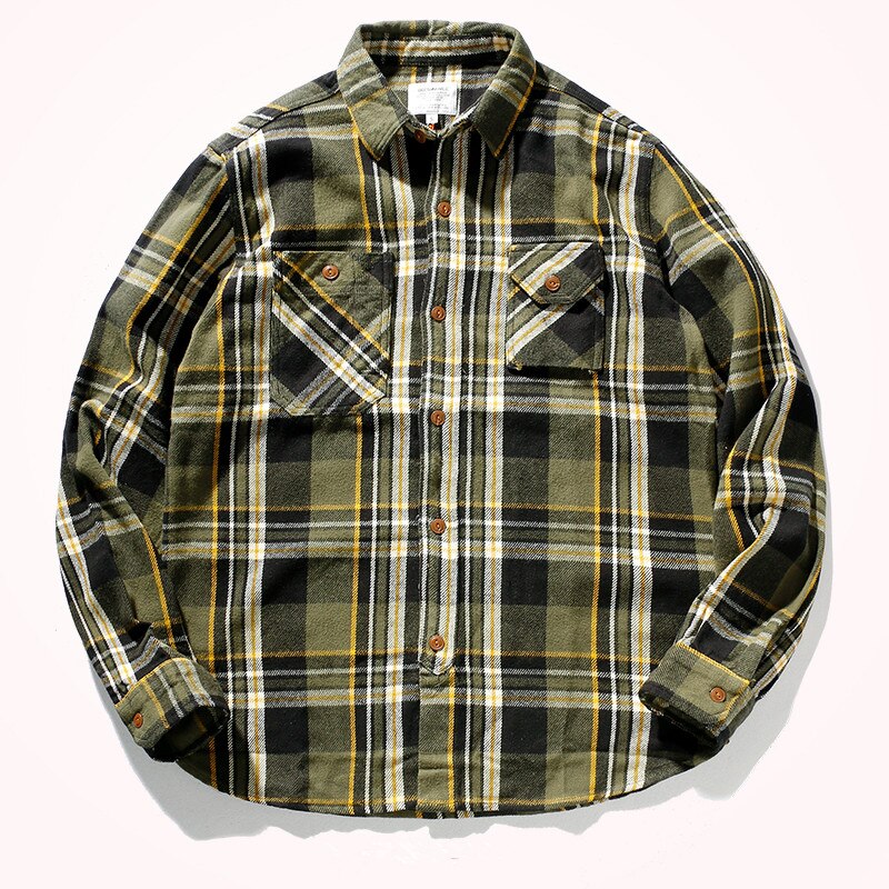 Camisa a cuadros gruesa para hombre, ropa de trabajo de franela de algodón puro, a la , Retro, de manga larga, con solapa, n. ° 9919: Verde / XL