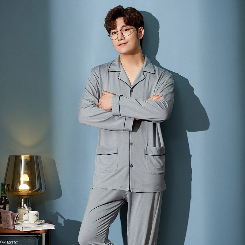 MELIFLE automne tout coton hommes vêtements de nuit col rabattu ample solide à manches longues pyjamas ensemble loisirs Masculino nuisette