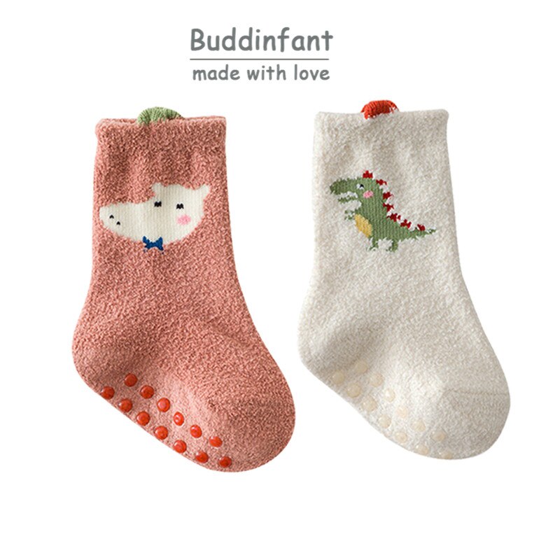 Calcetines de bebé de invierno de goma antideslizante suela calcetines 2/3 par/set dinosaurio conejo zorro Animal patrón de calcetines bebé niño niñas: S04 X 2pair / 0-1T