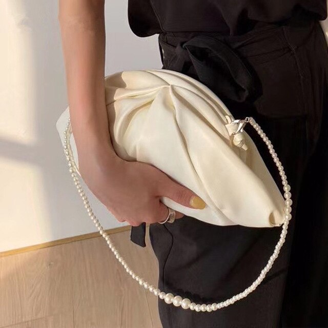 PU Leather Shoulder Messenger Bags For Women Ins Ladies Crossbody Bag Travel pearl Chain Handbags and Purses: white