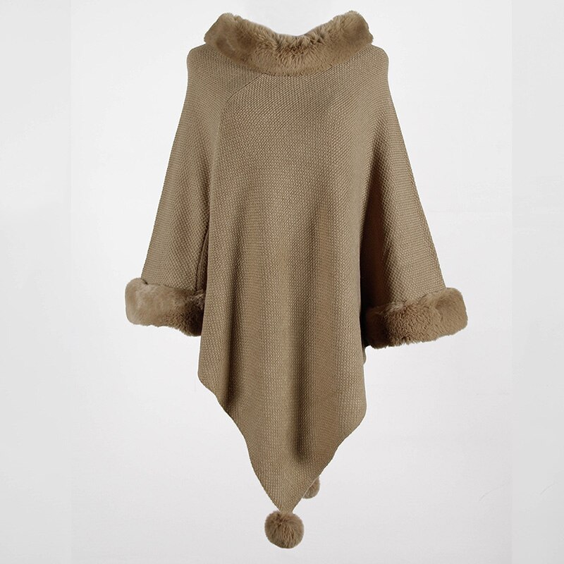 Quevoon dame poncho kunstig pelskrage damekappe lange strikkegensere falle shaggy kawaii genser streetwear: kaki