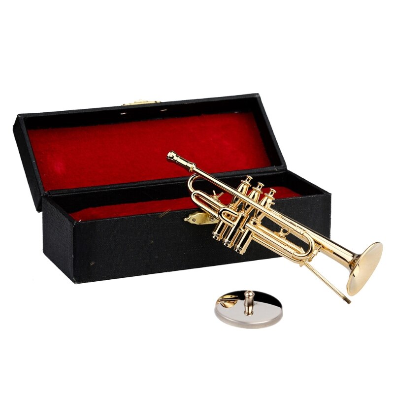 Mini Trombone Trompet Saxofoon Koperen Vergulde Model Ornament Met Stand &amp; Box Voor Miniatuur Musical Woondecoratie: 190mm piano case and
