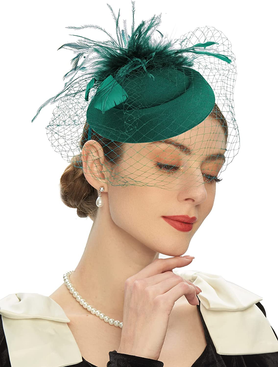Womens Vilt Tovenaar Hoed Visnet Sluier Kleine Pluche Golf Punt Decor Haarspeldjes Bruiloft Bruids Cocktail Hoofddeksels Tovenaar: green
