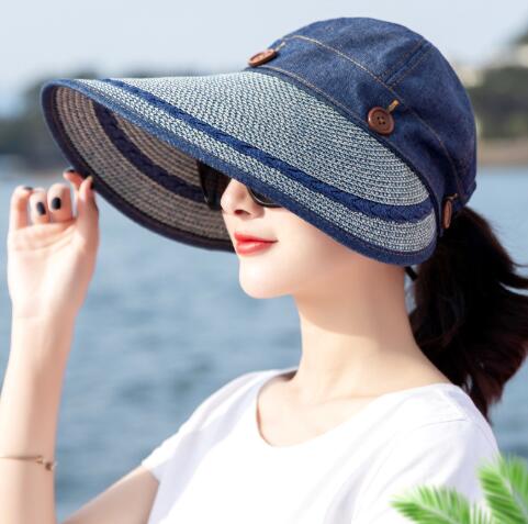 Solhatte kvinder stor bred skygge floppy sommer strand solhat kasket knap stråhat sommerhatte til kvinder anti-uv visir