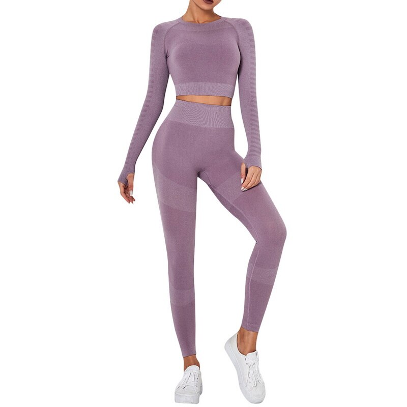 Vrouwen Stiksels Kleur Trainingspak Twee Delige Set Lange Mouwen Korte Lengte Top Elastische Taille Broek Vrouwen Sportkleding: purple / S