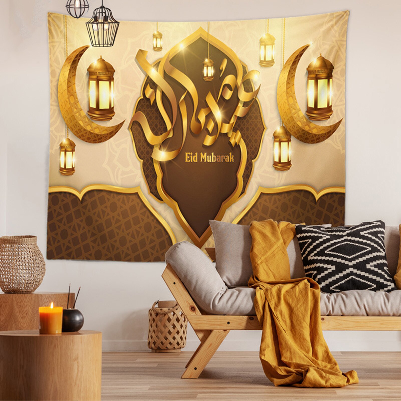 El musulmán Eid Mubarak imprimir tapiz impermeable de piel de melocotón oración comedor tapices para colgar en la pared Ramadán Kareem decoración de la habitación