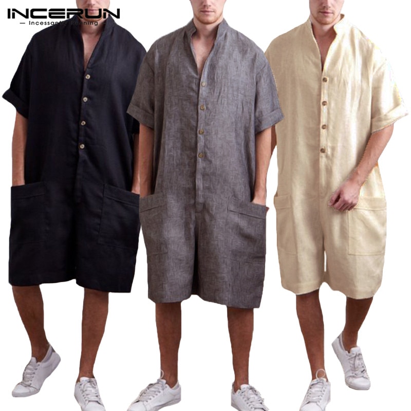 Streetwear Mens Romper Short Sleeve Solid Button Big Pockets Jumpers Vacation Overalls Cargo Suits Casual Rampers Pants