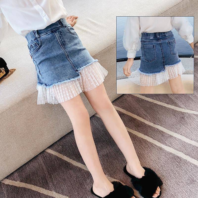 Sommer børn piger blå denim splejsning blonder mini nederdel korte jeans nederdele knælang nederdel børnetøj 4-9t