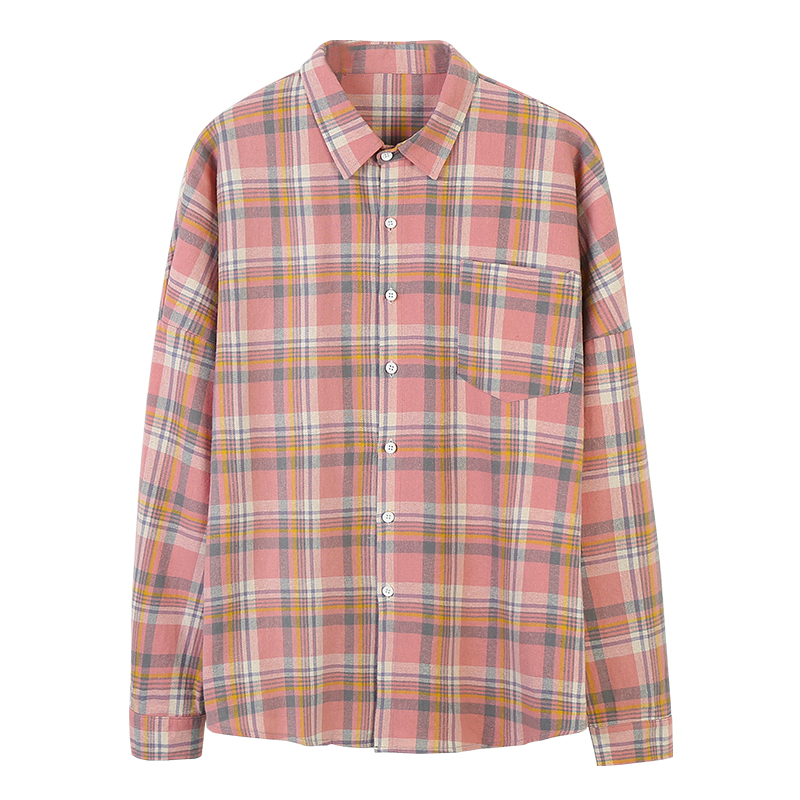 Raibaallu populaire mannen plaid lange mouwen heren casual shirt web celebrity losse shirt: Pink / M