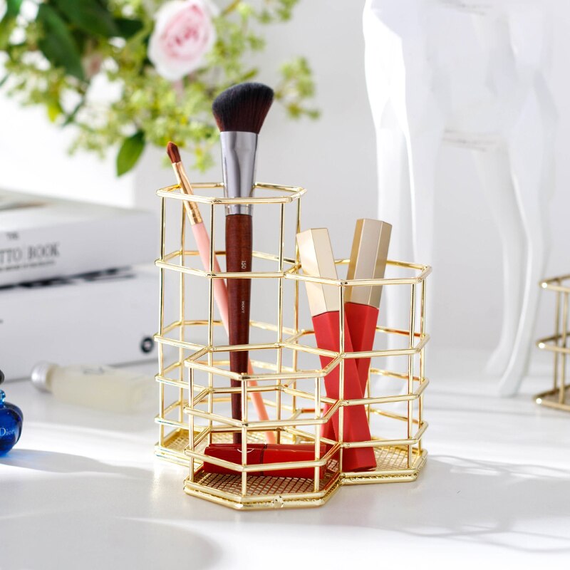 Metalen zeshoekige gouden pennenhouder, make-upborstelhouder, organizer, bureau-organizer voor stationaire opslag, kantooraccessoires, decoratie