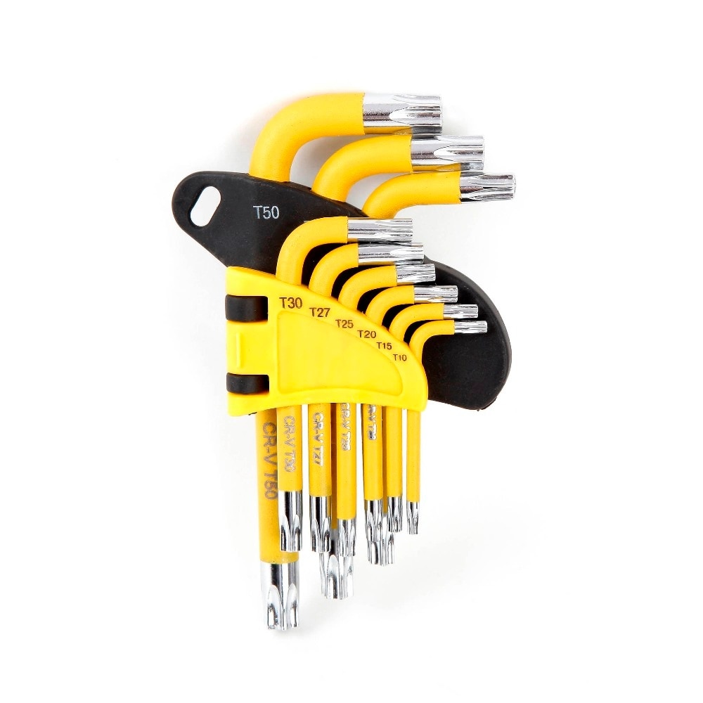 WORKPRO Yellow 9pcs torx Key Wrench Set Short Arm Star Key Set CR-V SAE Metric Allen Wrench Tool Set T10-T50