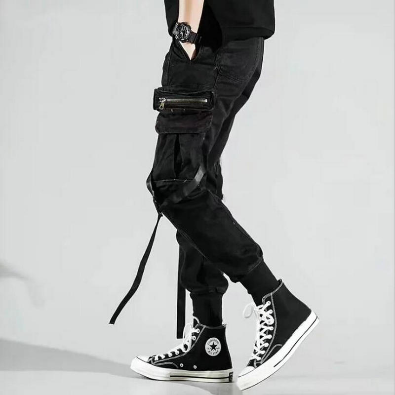 Pantalones Harem con bolsillos laterales para hombre otoño Hip Hop de cintas casuales para hombre Pantalones para correr Streetwear pantalón negro: S
