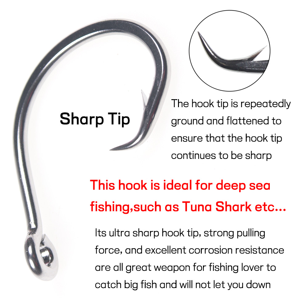 Elllv-anzuelo circular de acero inoxidable para pesca en agua salada, anzuelo de cebo de juego grande para pesca de curricán, atún, tiburón, 6/0 - 18/0