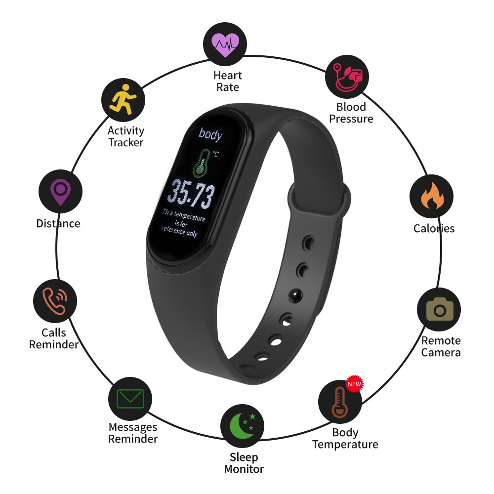 Smart Pedometer BT Connection Body Temperature Heart Rate Blood Pressure Monitor Activity Tracker Sleep Monitor Step Counter: Black