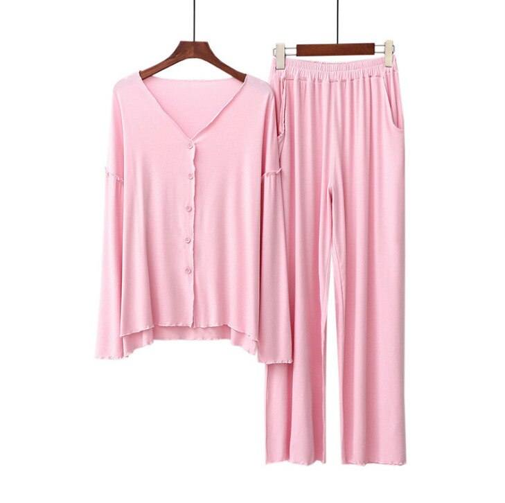 Efterår dame pyjamas sæt komfort ensfarvet kvinder sexet v-hals hjemmetøj 2 stk langærmet+bukser fritidstøj: Lyseblå