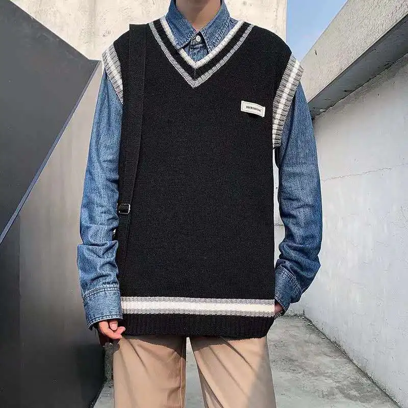 Männer Gestrickte Weste Koreanischen Stil Weste Herbst und Winter Jahrgang zur Seite fahren Männlich Harajuku verlieren passen Offen Neue in Billig: XXL / schwarz