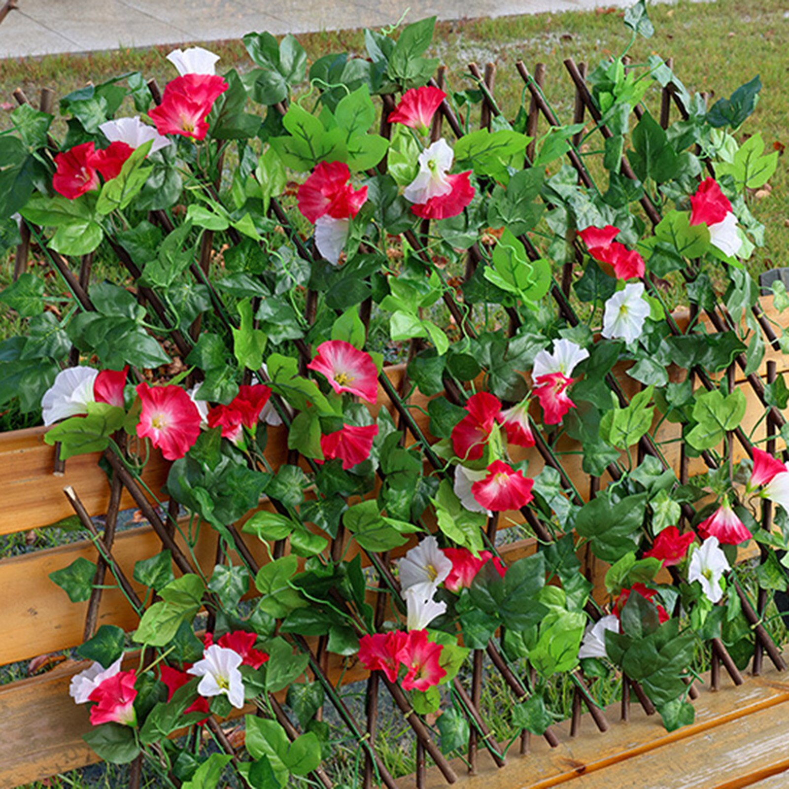 Retractable Flowers Artificial Garden Trellis Fence Expandable Faux Ivy Privacy Fence Wood Vines Climbing Frame Gardening Plant