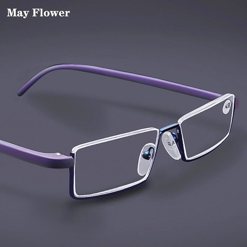 Kan Bloem Metalen Blauw Licht Leesbril Mannen Blauw Half Frame Glazen Voor Farsightness TR90 Eyewear Met Case Vergroten