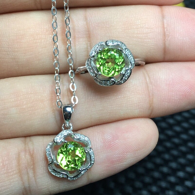 KJJEAXCMY gioielli Peridoto Naturale delle Donne Del Pendente + impostato di Anelli in Argento sterlina intarsio