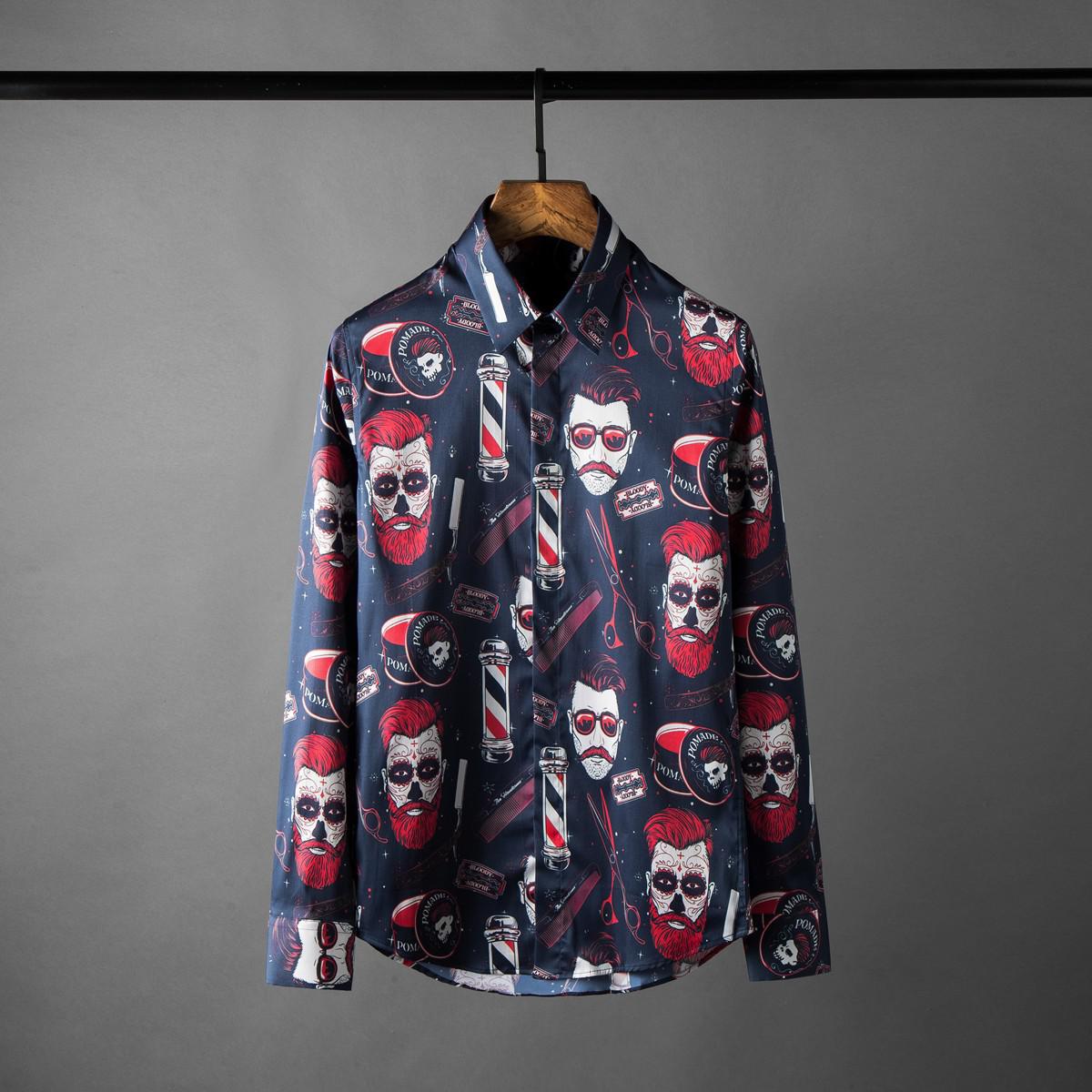 Heren overhemd luxe allover print feest heren overhemden lange mouwen slim fit overhemd heren plus size heren overhemden: Marine / Xxl