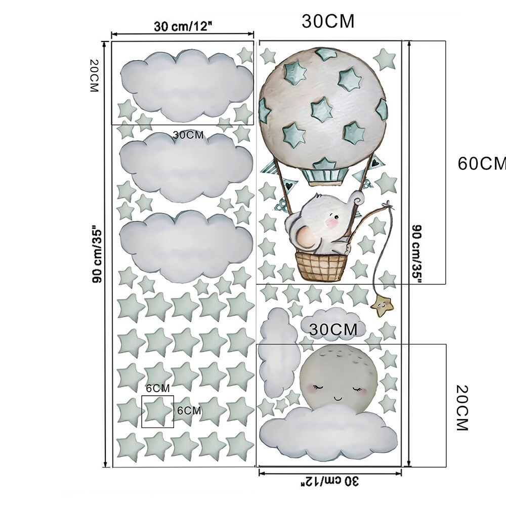 Luftballon vægklistermærker sky måne stjerner pvc tegneserie baby elefant vægklistermærker til børneværelse baby vuggestue værelse dekoration