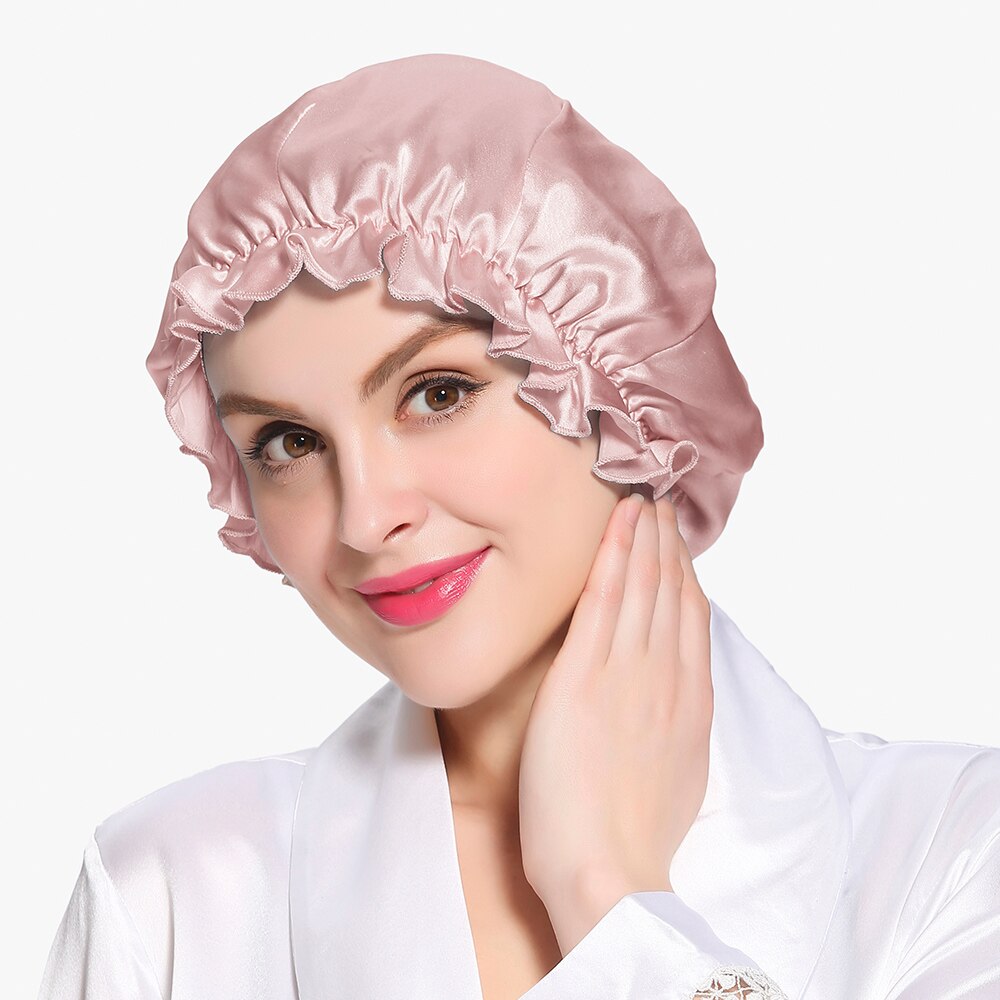 LILYSILK Silk Night Sleep Cap Silk Cap for Sleeping Women Flounced Brand Solid 19 Momme Hair Care Accessories: Rosy Pink