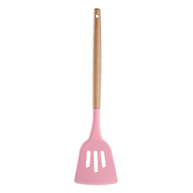 Rosa matlagningsredskap silikonredskap med trä multifunktionshandtag non-stick spatel slev äggvispar spade