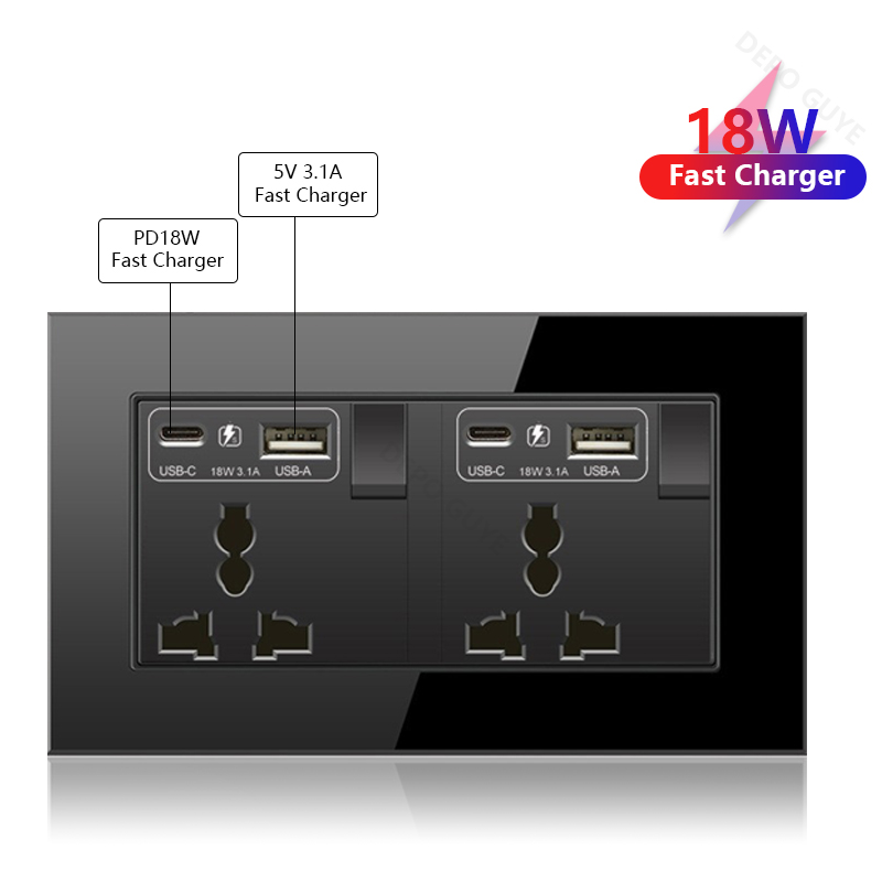 Universal Wall Socket 18W Type-C Fast Charging Plug Outlet,Glass Double 3-Pin Power Socket with DC 5V 3.1A Type-c USB Charger