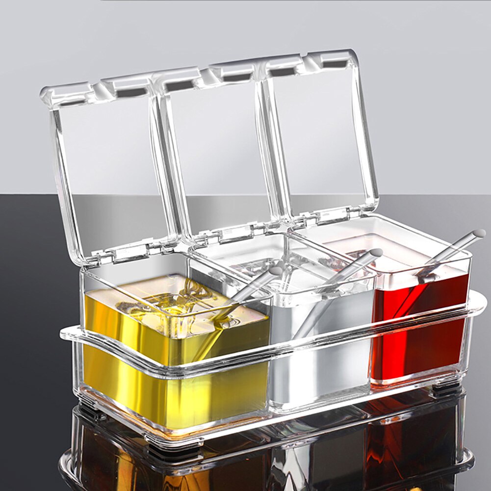 3/4 Grid Transparent Kitchen Organizer Storage Boxes Spices Seasoning Jar Transparent Sugar Salt Bottle Kitchen Accessories