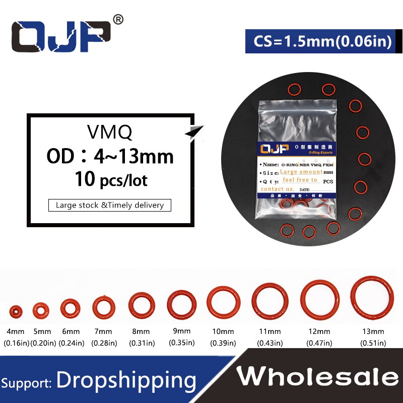 10PCS/lot Red Silicon Ring Silicone O ring 1.5mm Thickness OD4/5/6/7/8/9/10/11/12/13mm Rubber O-Ring Seal Gasket Oring Washer