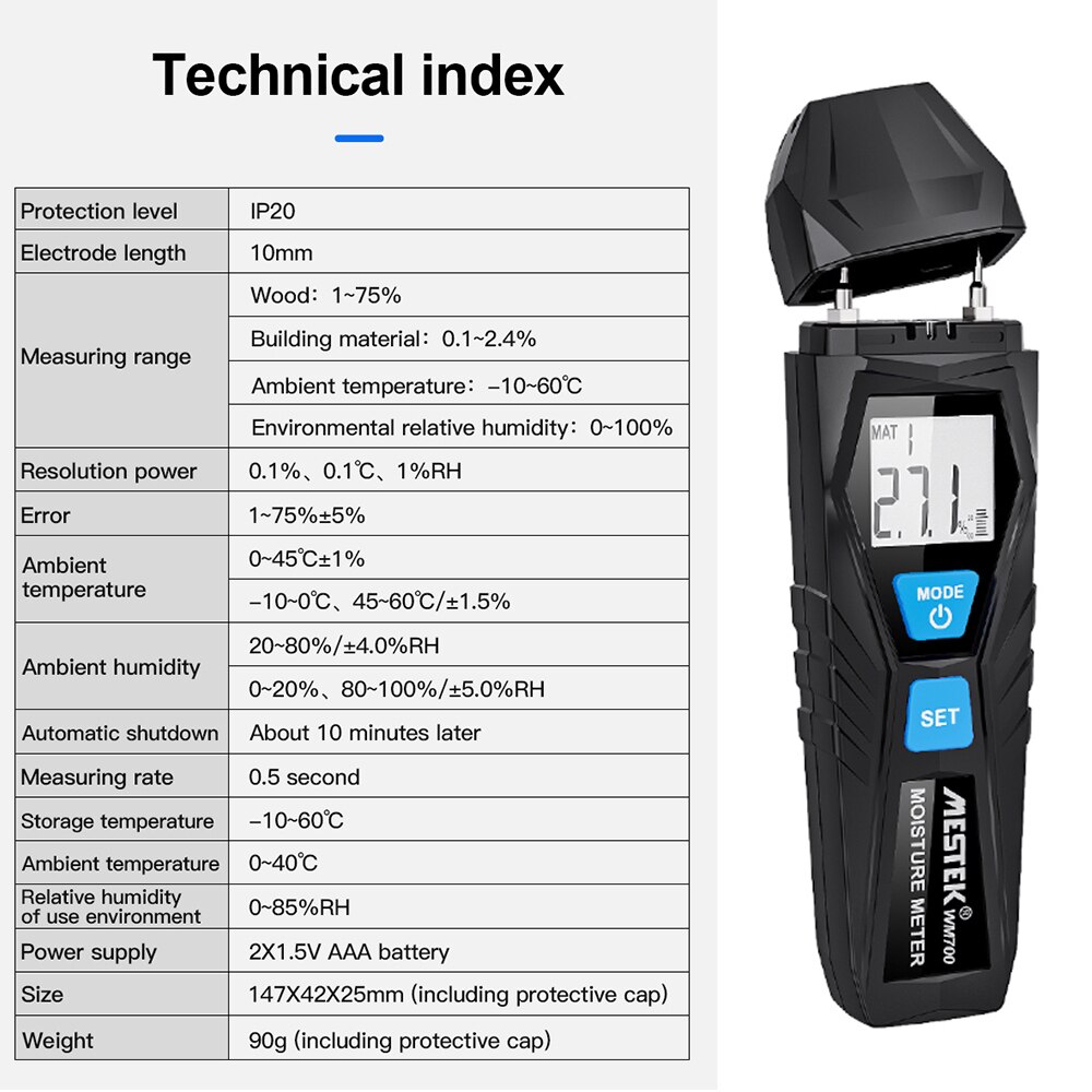 MESTEK WM700 Wood Moisture Tester Handheld Temperature Humidity Meter Mini LCD Digital Lumber Damp Meter Detector 2 Pin Probes