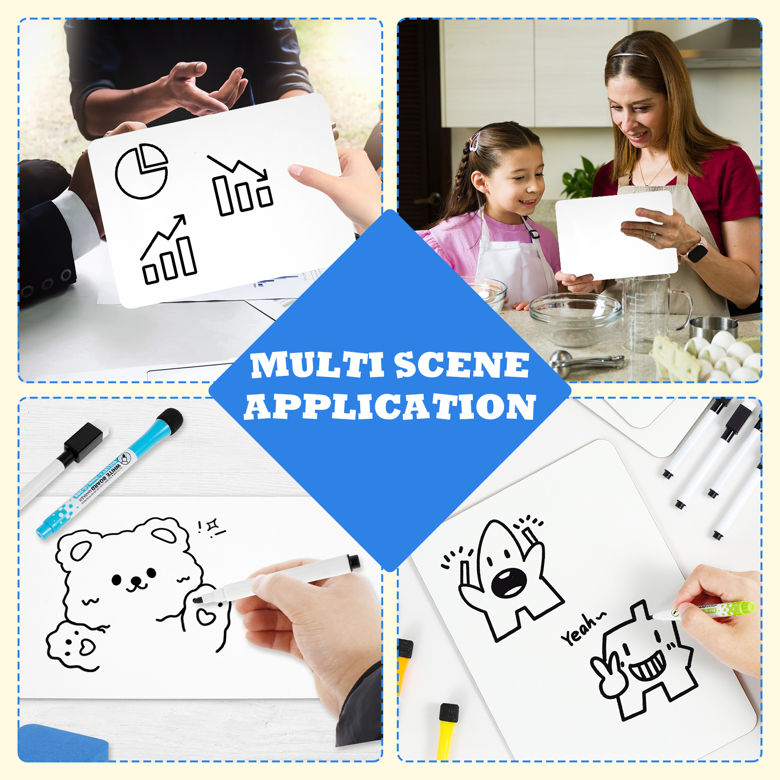 5-delig mini droog uitwisbaar bord, langdurig klein wit bord met marker en gum, dubbelzijdig droog uitwisbaar whiteboard voor kantoor